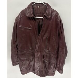 Vintage 90s Eagle Maroon Leather Chore Jacket Collared Retro Zip Pockets Women L